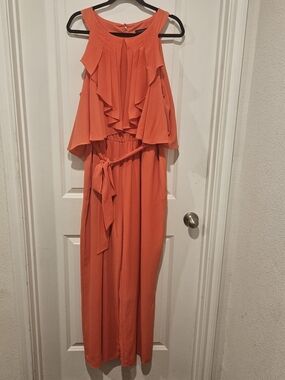 Lane Bryant Coral Sleeveless Ruffle Belted Jumpsuit Size 14